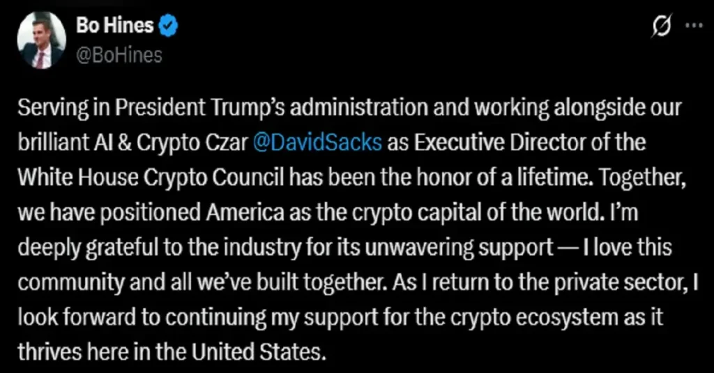 Bo Hines: Trump's Crypto Advisor Left The White House – What It Means for Digital Assets