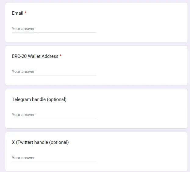 Step 2: Fill the form. Just sumbit your email address and an ERC-20 Wallet Address. 